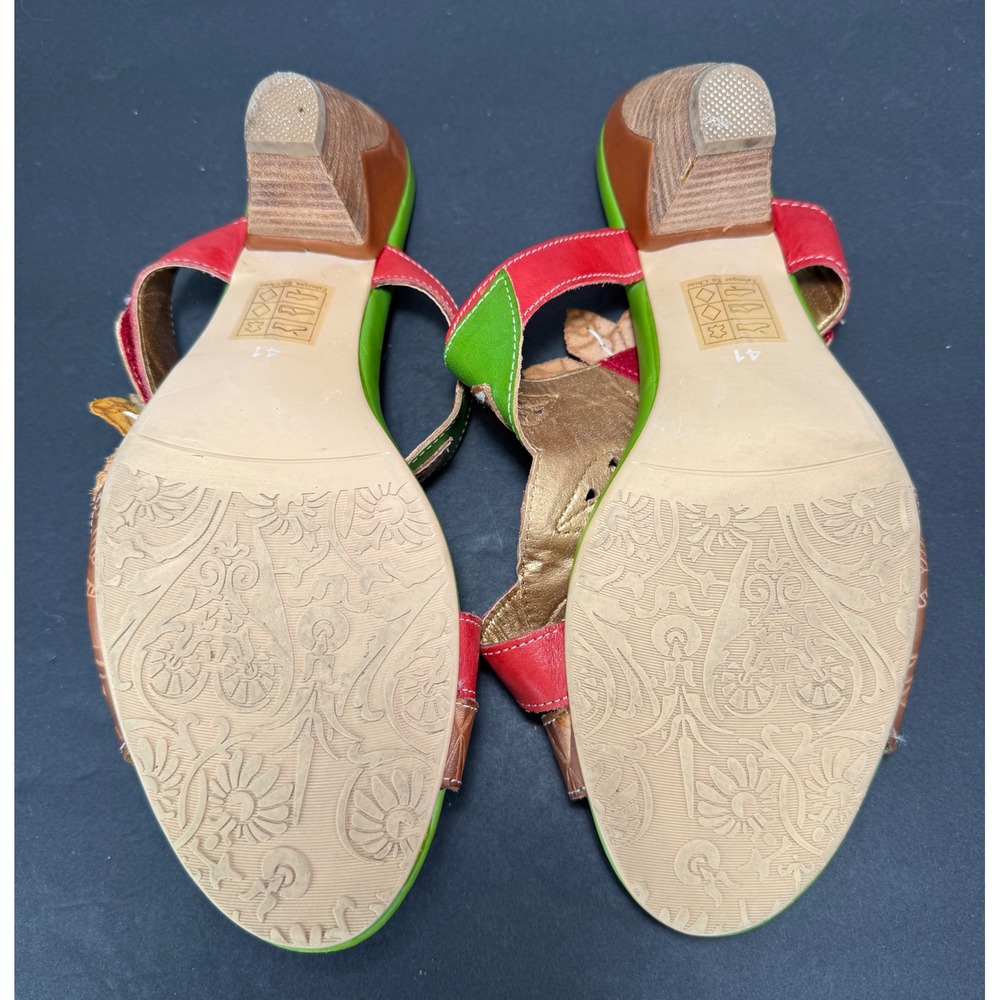 L'Artiste Toucy Heeled Sandals Womens 41 Green Red Leather Floral Boho Slides - Picture 7 of 12
